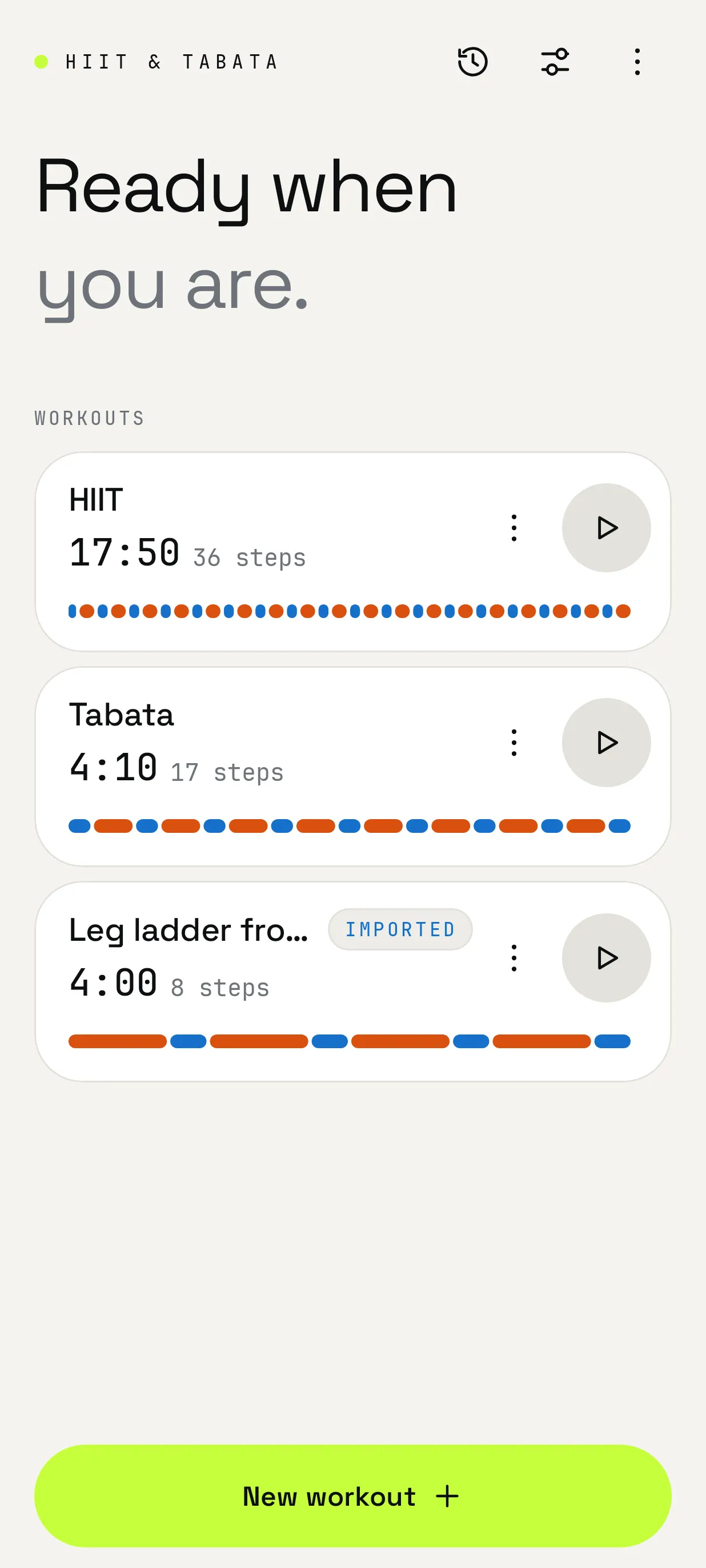 Timer home screen listing saved workouts