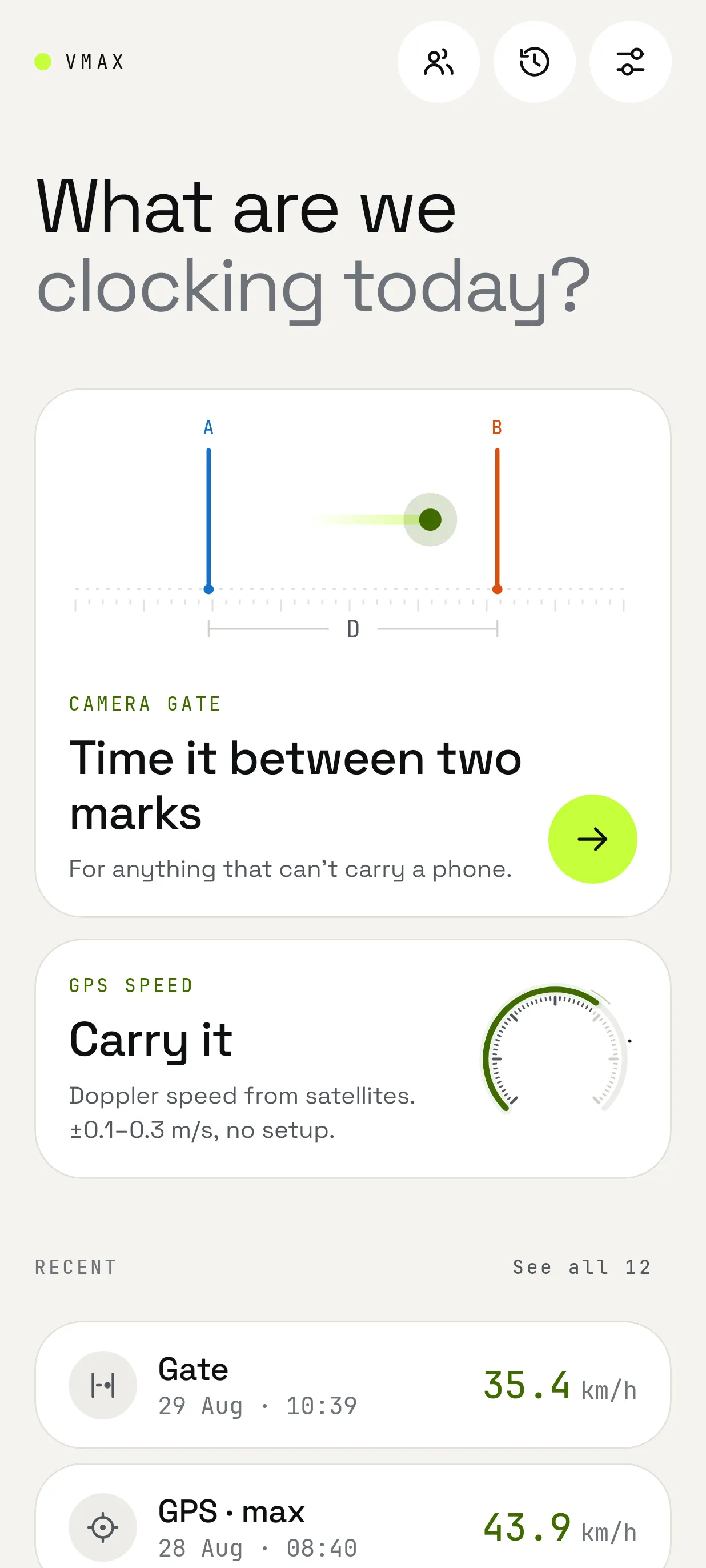 VMax home screen with camera gate and GPS speed modes