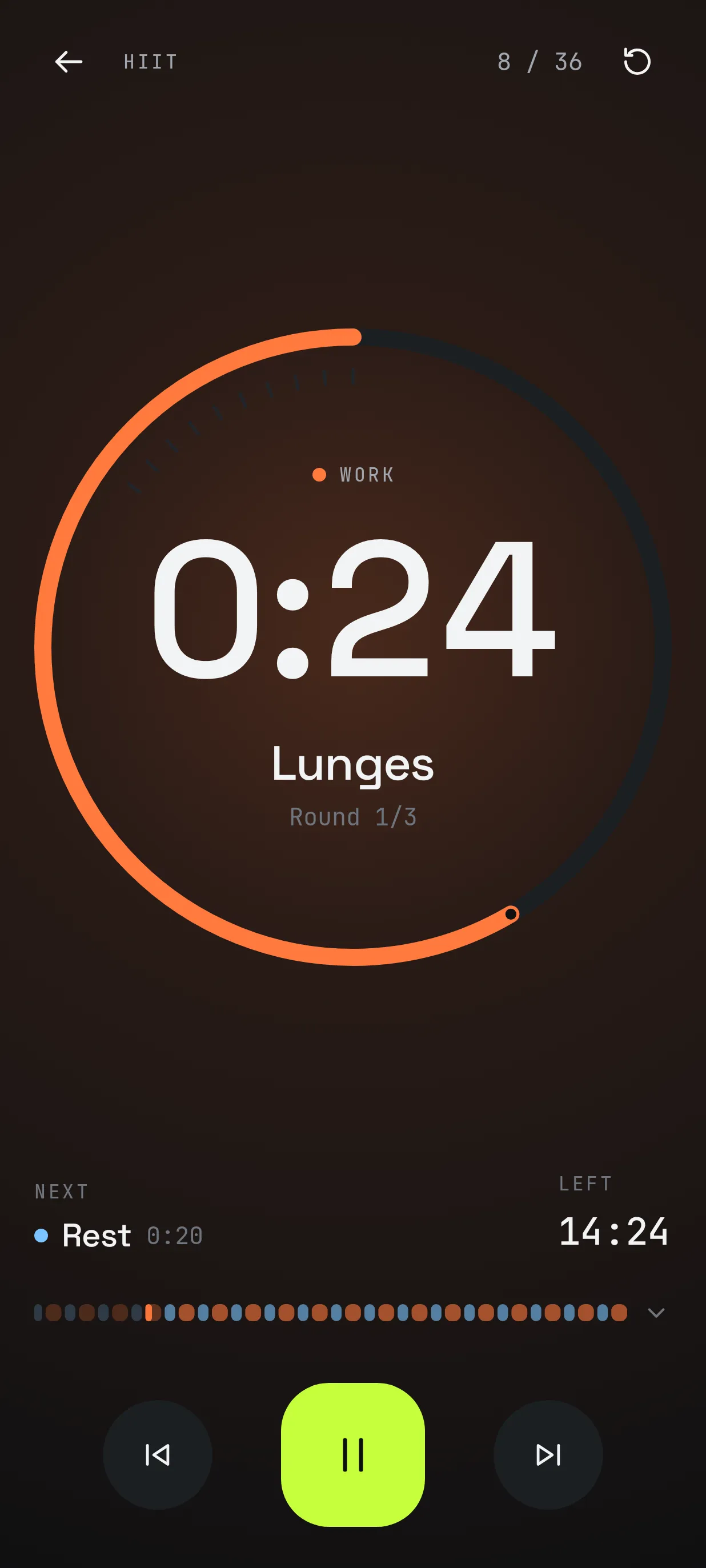 Timer running a work phase with a 0:24 countdown ring